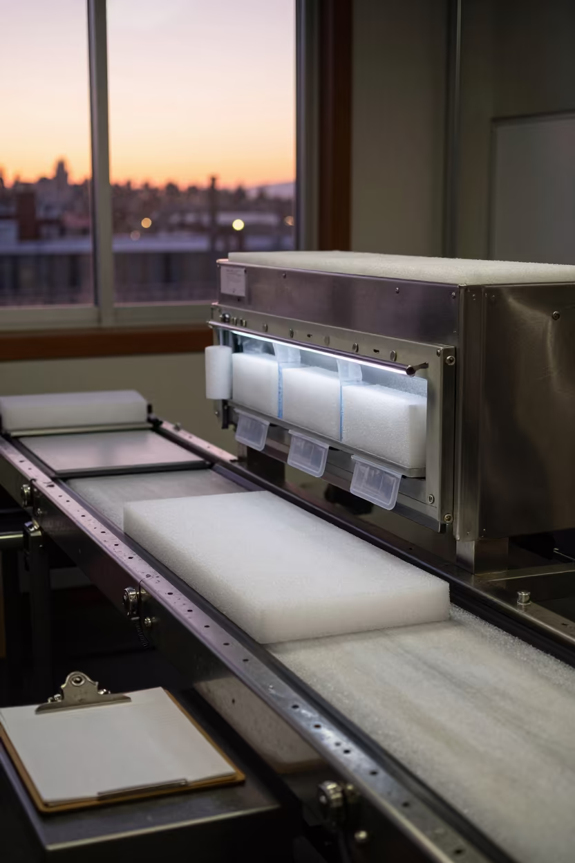 Dry Ice Scoop Station at Sunset in at a parcel sorting belt in Vancouver