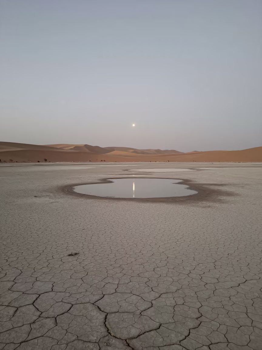 Dry Lake Bed Reflecting Starlight After Rain in across a wide valley floor near Ksar el-Kebir