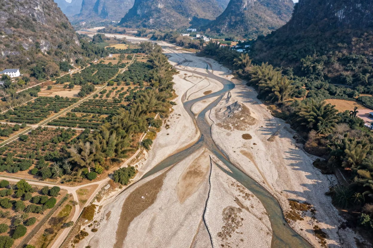 Dry River Veins Branching Over Guilin Orchards in far above orchard blocks and irrigation lines near Guilin