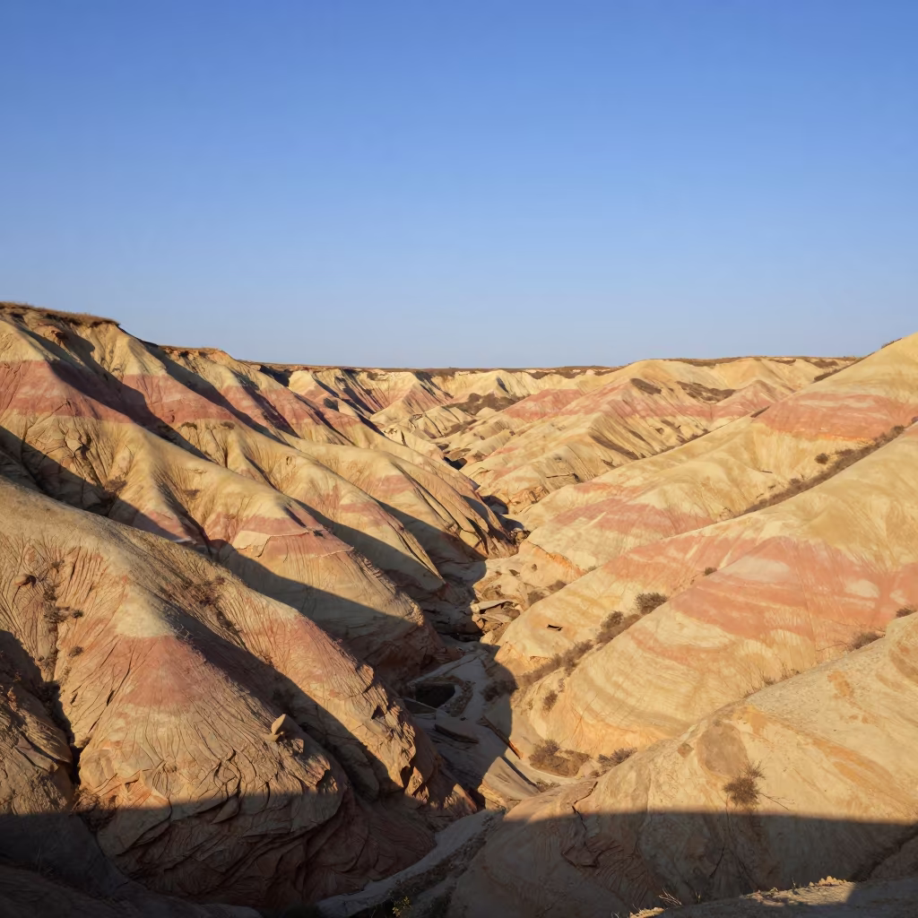 Dry Wadi Cutting Through Belgian Sandstone Foothills in from a ridge above layered foothills in Belgium