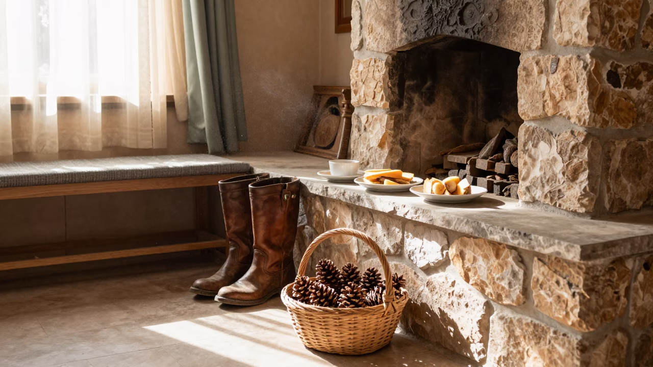 Drying Boots by Fireplace and Pinecone Basket in in a breakfast nook in Urumqi