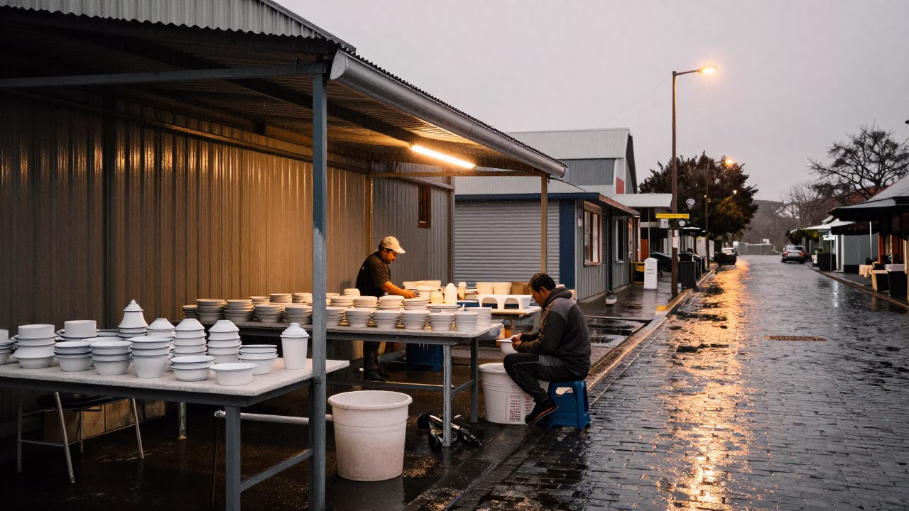 Drying Enamelware in Christchurch in in Christchurch, New Zealand