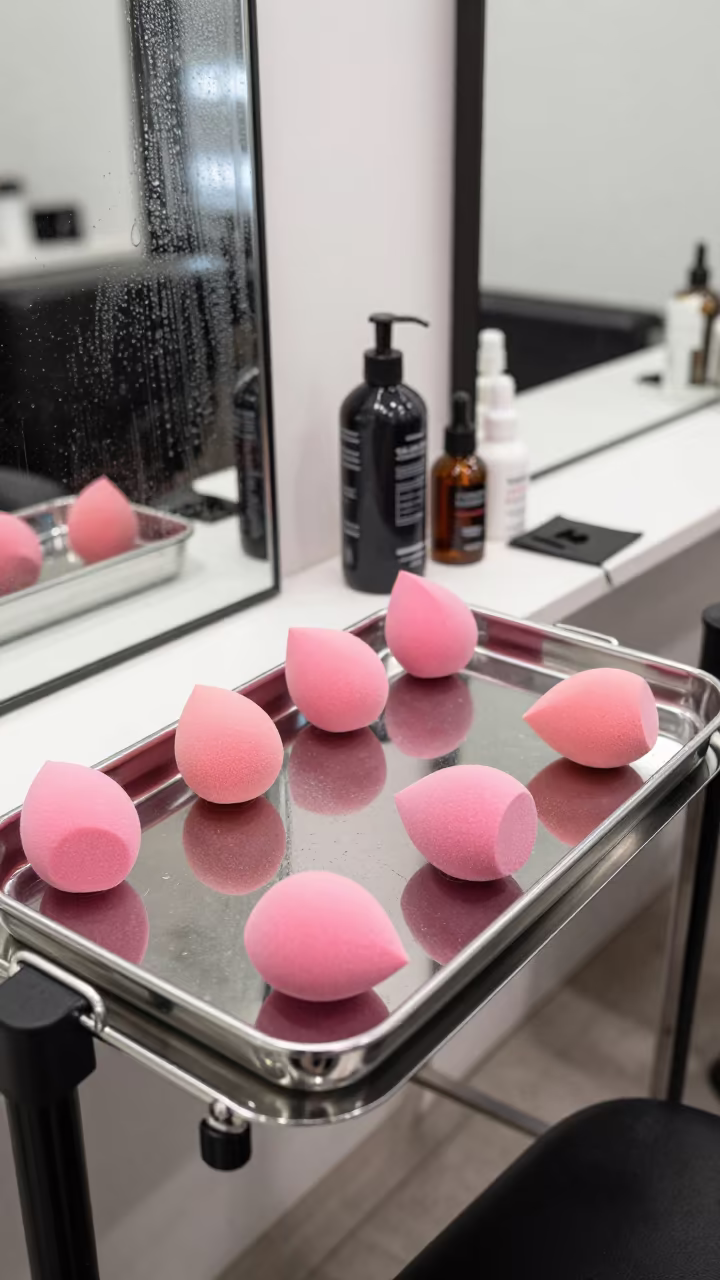 Drying Makeup Sponges at Portland Barber Station in at a barber station beneath mirror bulbs in Portland