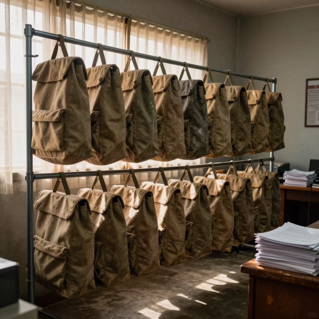 Drying Manifest Pouches in Ikeja Dawn Light in inside a dispatch office above the dock in Ikeja