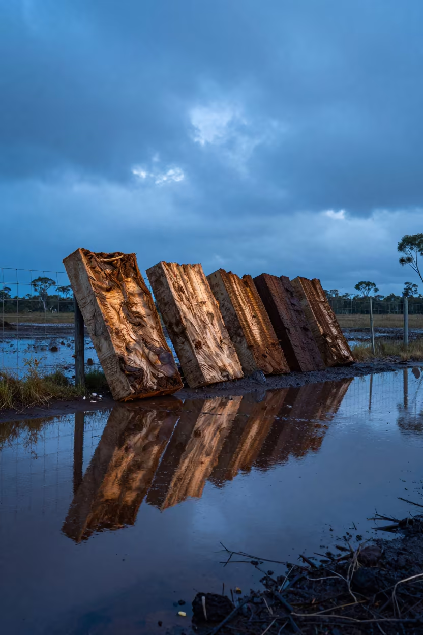 Drying Peat Slabs on Wire Fence After Rain in across a floodplain after rain in Queensland