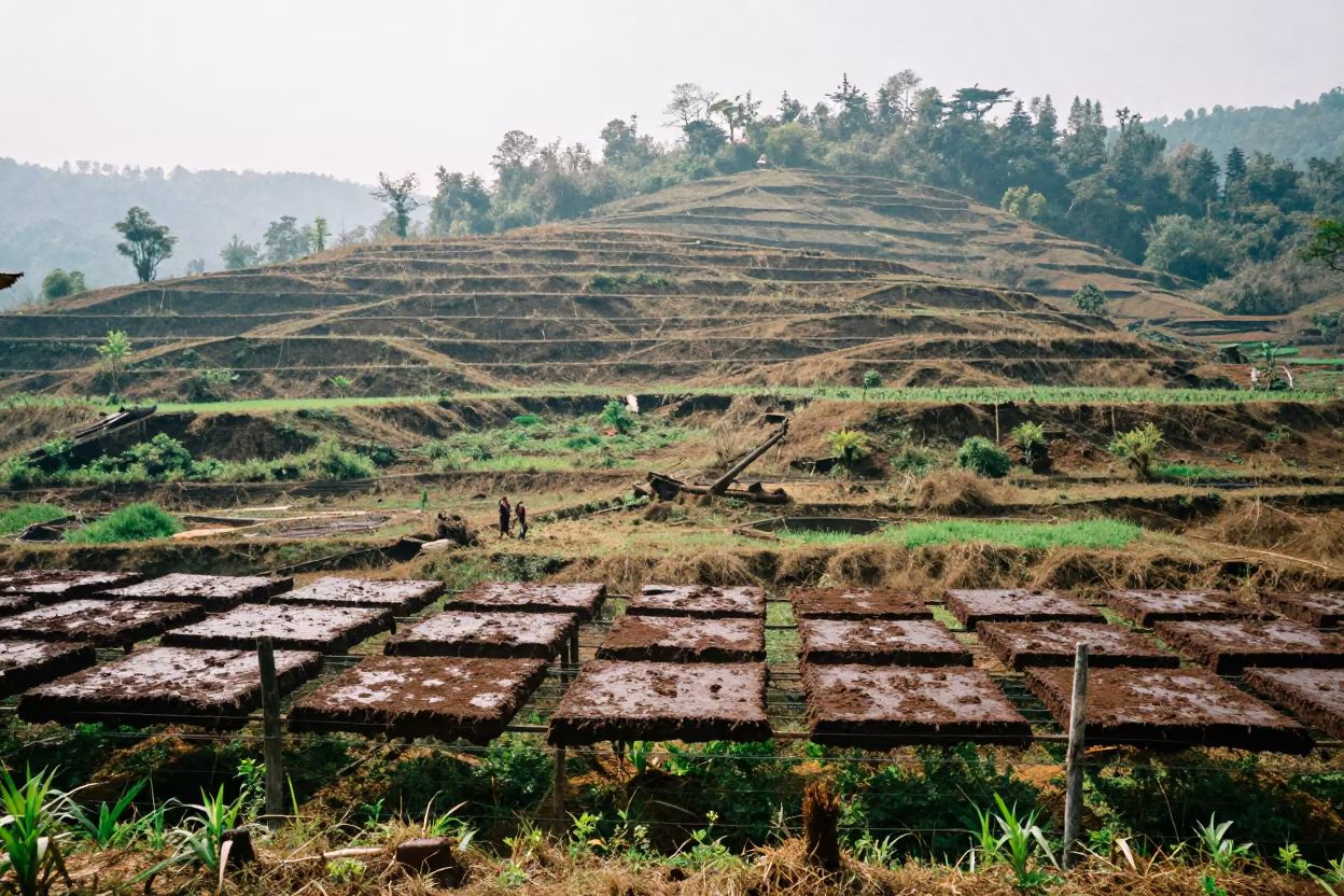 Drying Peat Slabs on Wire Fence Amidst Nagaland Foothills in from a ridge above layered foothills in Nagaland