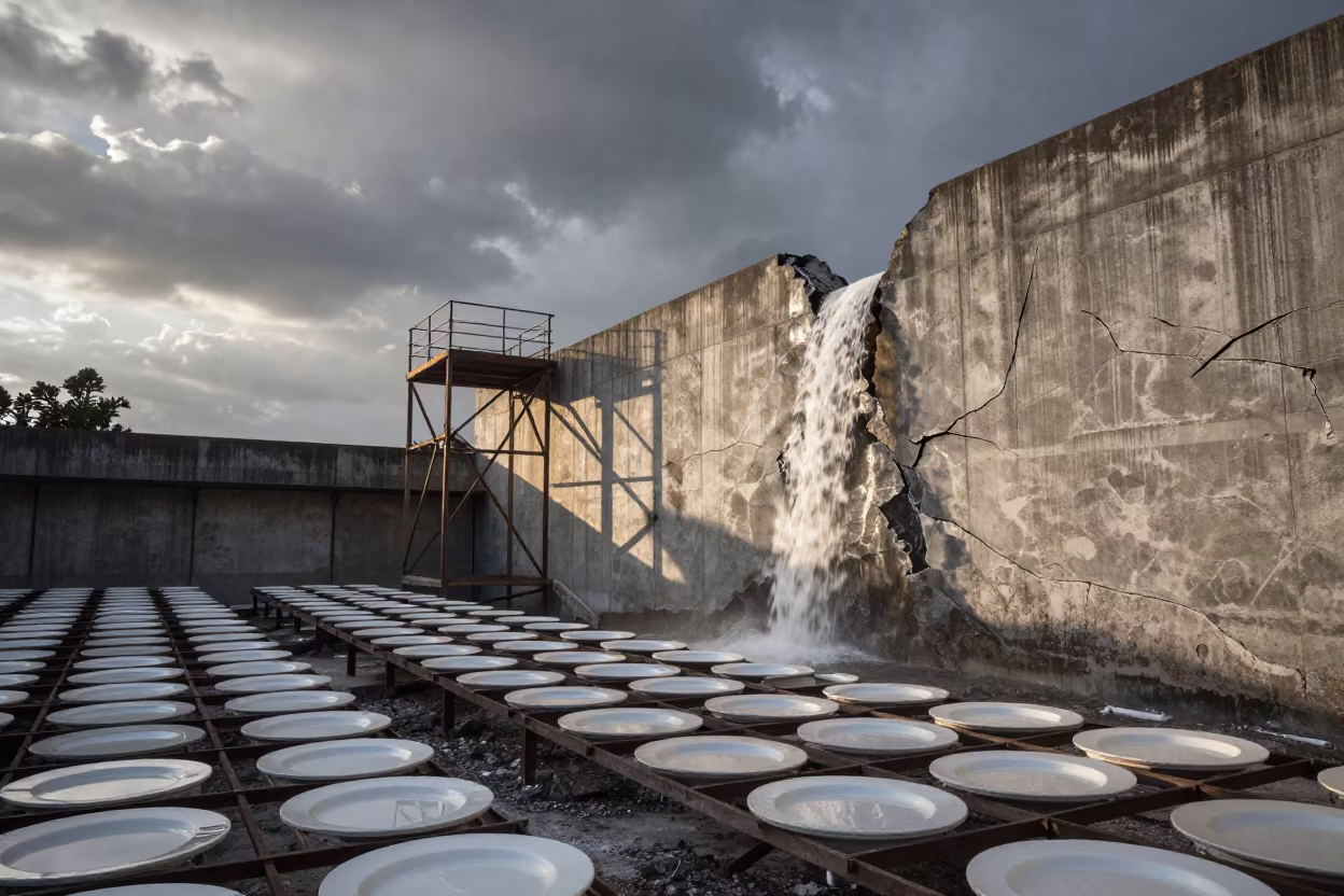 Drying Plates Under Monsoon Waterfall in on a scaffold platform near Tarapoto
