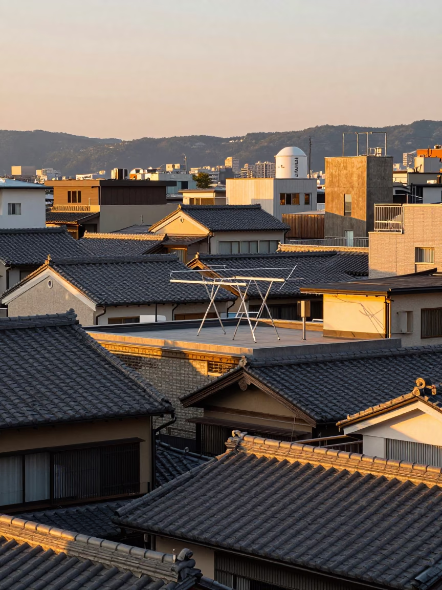 Drying Rack And Traditional Rooftop Architecture in Osaka in in Osaka, Japan