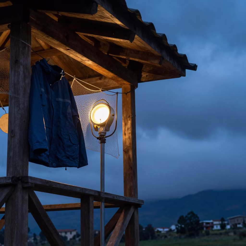 Drying Rain Gear on Weather Station Porch at Blue Hour in near a weather balloon launch site near Quito