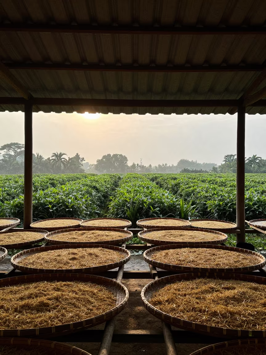 Drying tea baskets in monsoon morning shadow in across a harvested grain field in Singapore