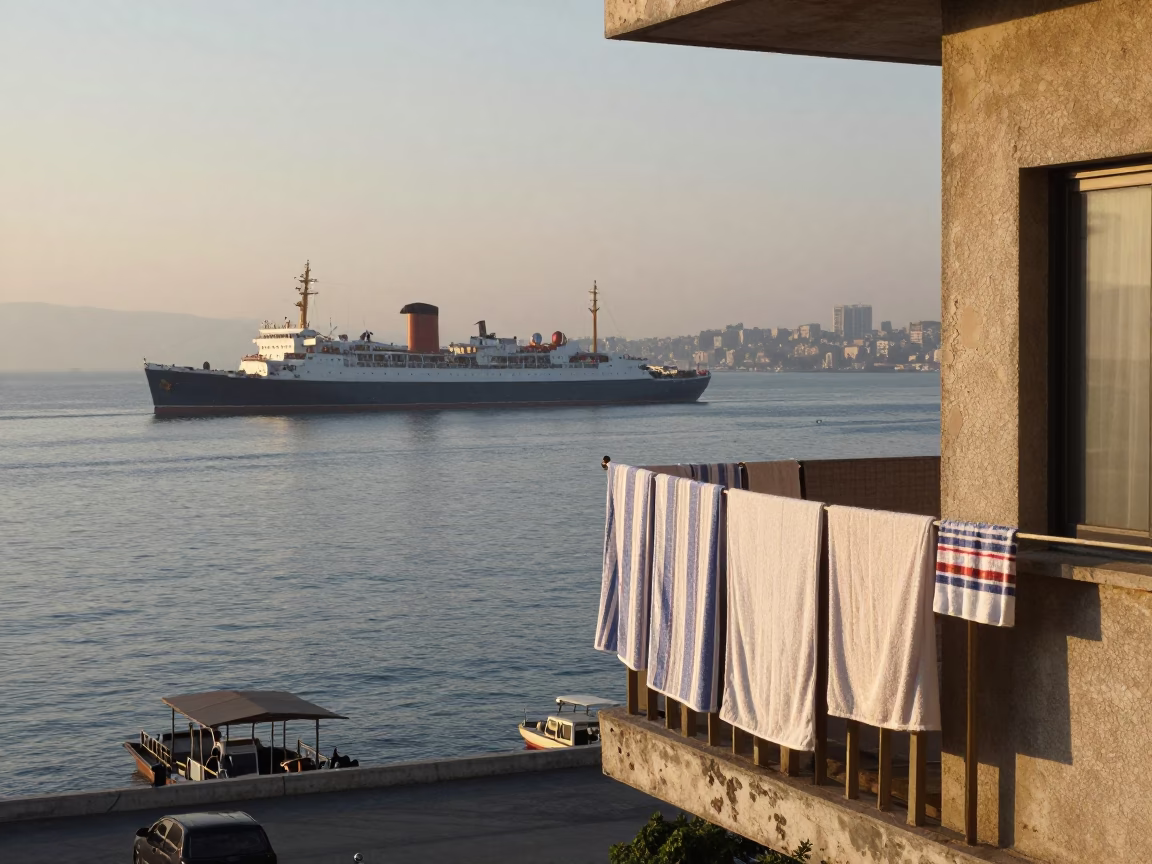 Drying Towels in Beirut at As First Light Reaches The Scene in in Beirut, Lebanon