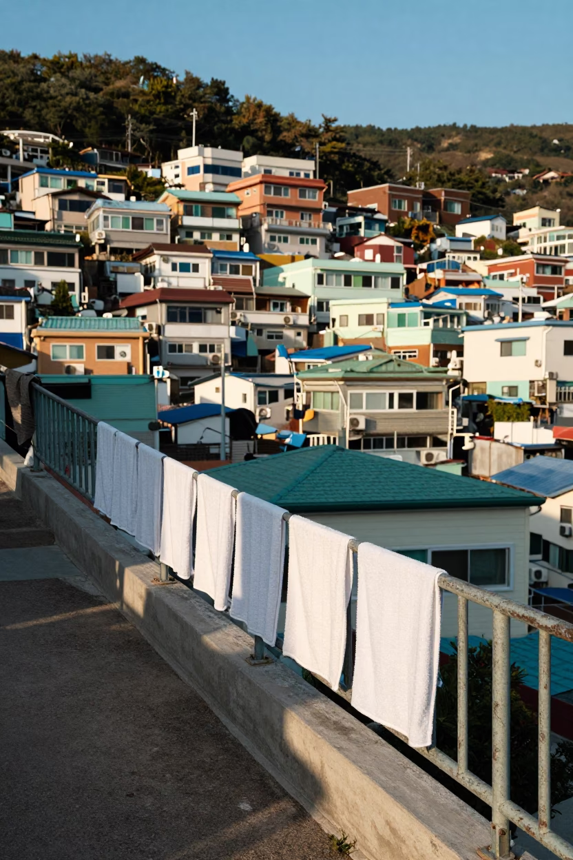 Drying Towels in Busan at Clear Late-afternoon Light in in Busan, South Korea