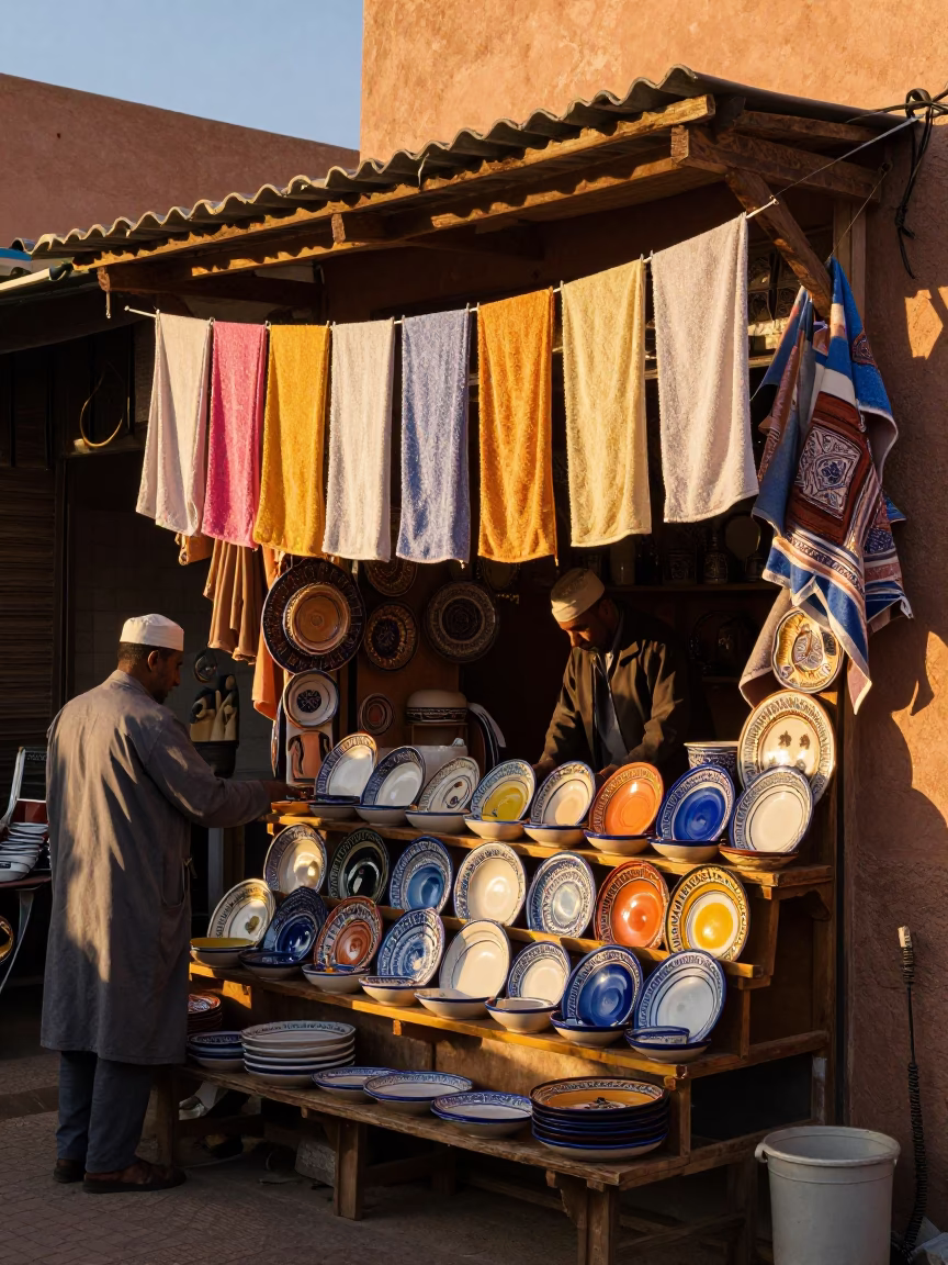 Drying Towels in Marrakech at Honeyed Evening Light in in Marrakech, Morocco