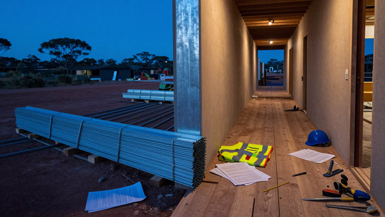 Drywall Corner Beads in Blue Hour Corridor in inside an unfinished corridor in Western Australia