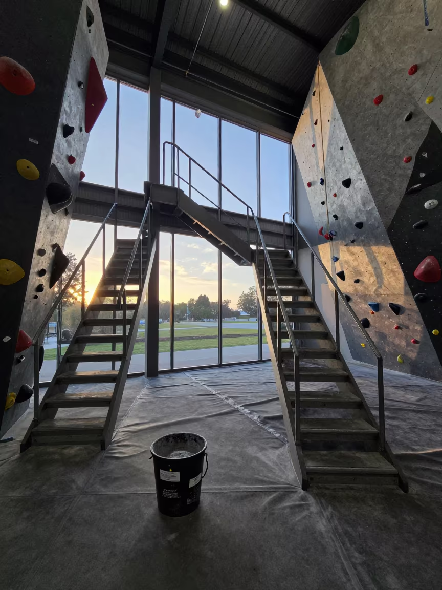 Dual Staircase Chalk Bucket in Gym in inside a climbing gym warmup zone near Portmore