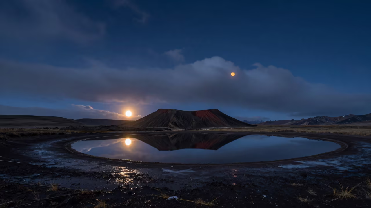 Dual Suns Over Volcanic Crater Lake Near Potala in across a floodplain after rain near Potala, Lhasa