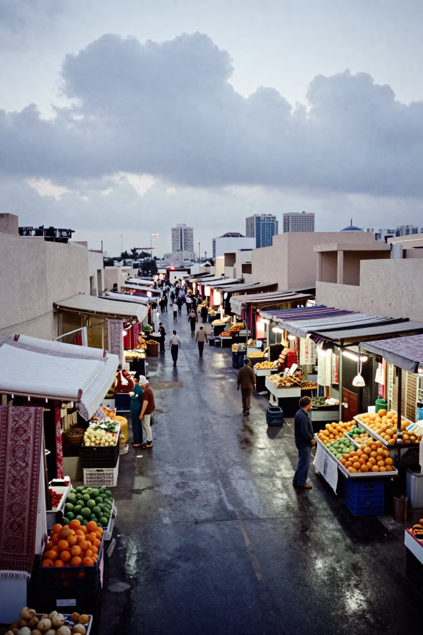 Dubai Brocade Market Passage from Above in at a roadside fruit stand in Marina, Dubai