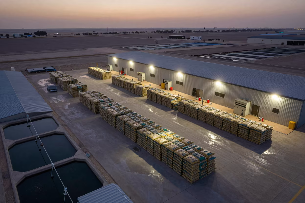 Dubai Greenhouse Roofs Desert Irrigation Ponds Aerial View in inside a machine shed with seed bags stacked high in Dubai