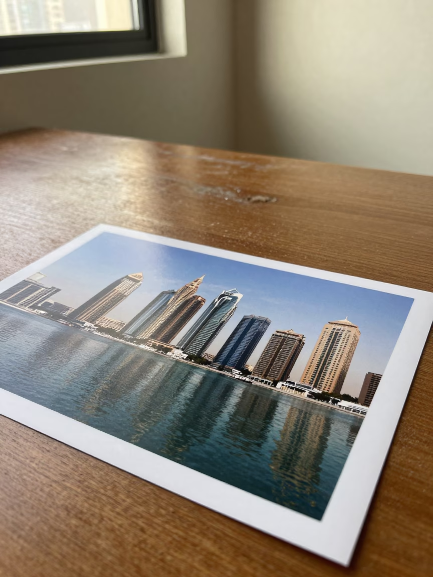 Dubai Marina Towers Reflection on Dusty Table in on a dusty library table in Dubai