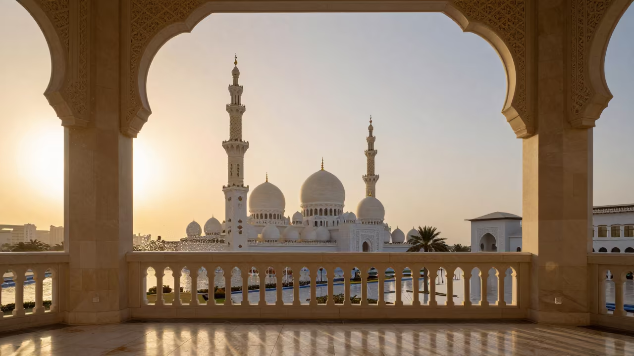 Dubai Mosque Minaret Balcony Sunset View in in a mosque prayer hall in Dubai