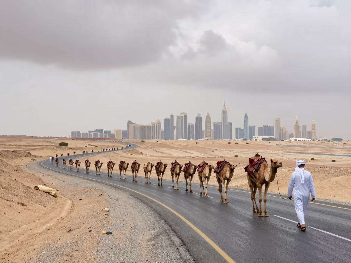 Dubai Nomad Camel Caravan Switchback After Rain in along a switchback approach near Bur Dubai, Dubai