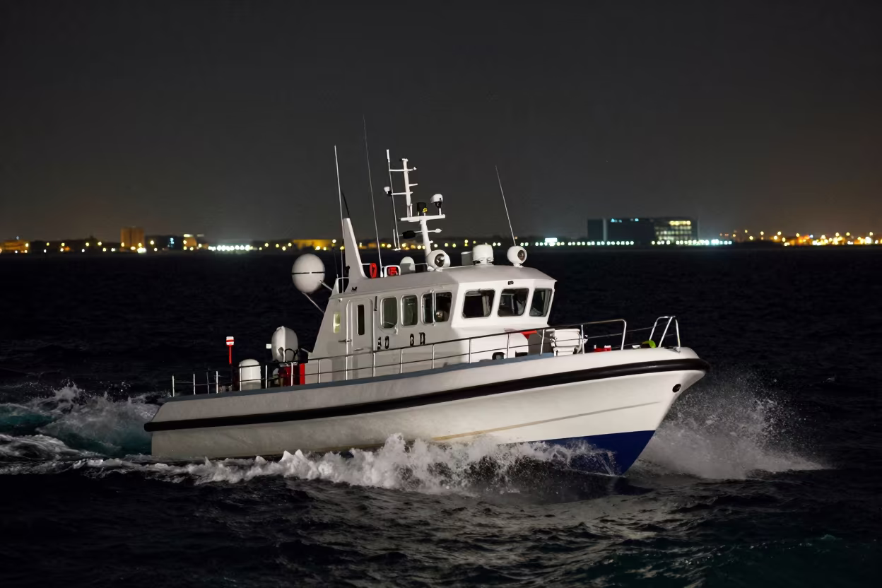 Dubai Rescue Boat Night Storm Waves in near Downtown, Dubai