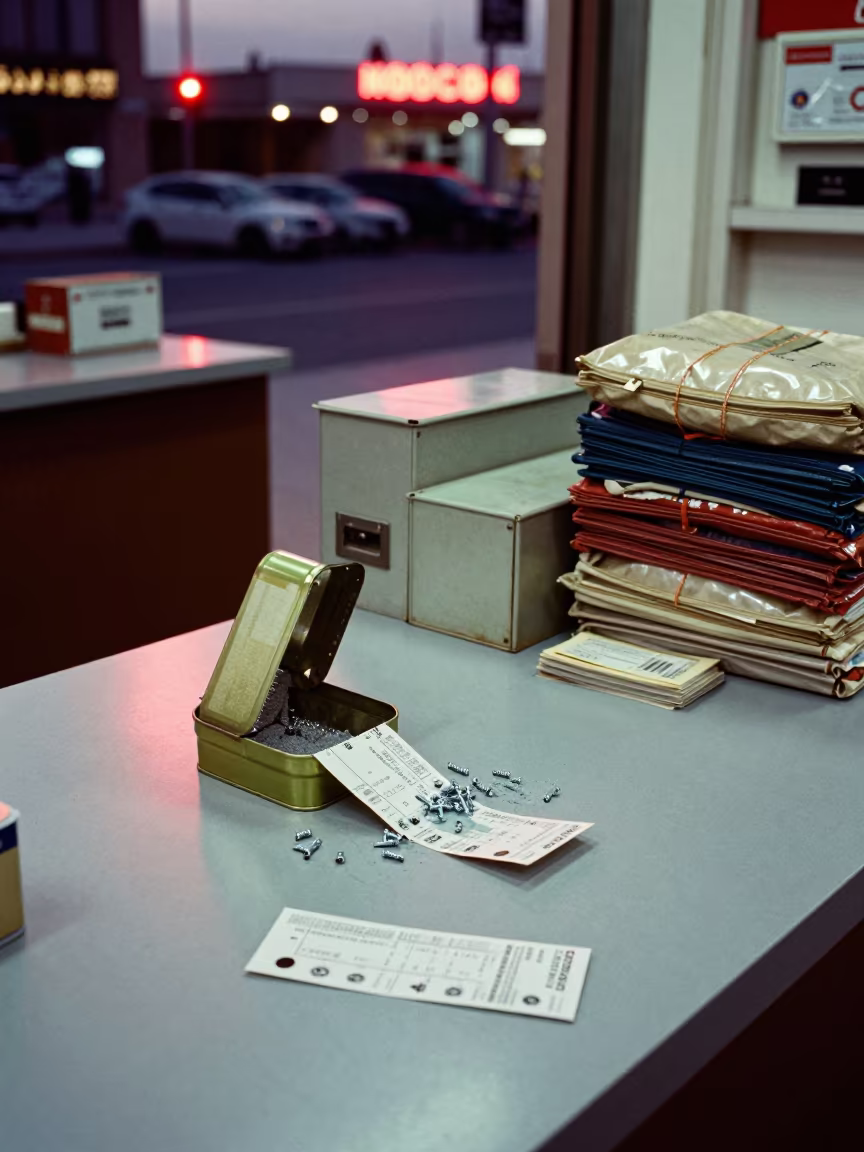 Dubai Retail Counter with Screw Tin and Claim Tickets in at a cash wrap counter with bags stacked nearby near Dubai