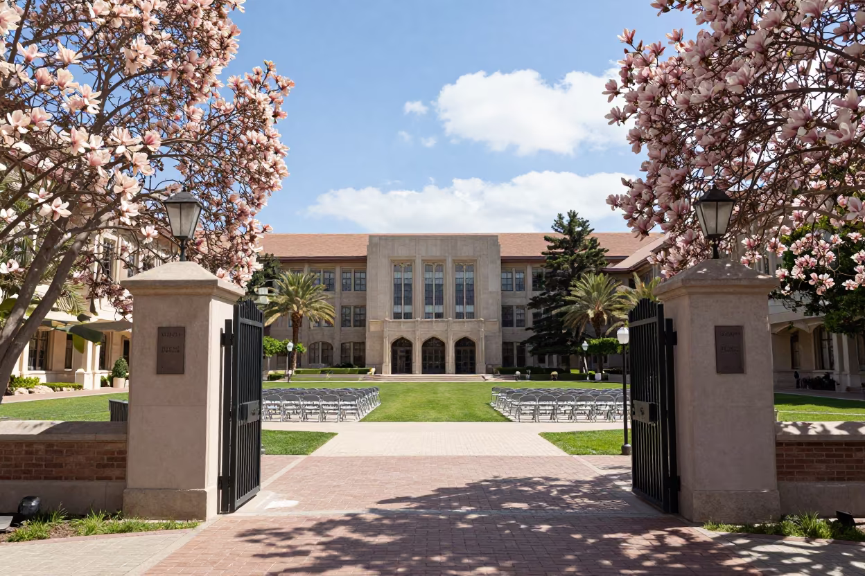 Dubai University Gate Magnolias Late Afternoon in on a graduation lawn under folding chairs near Downtown, Dubai