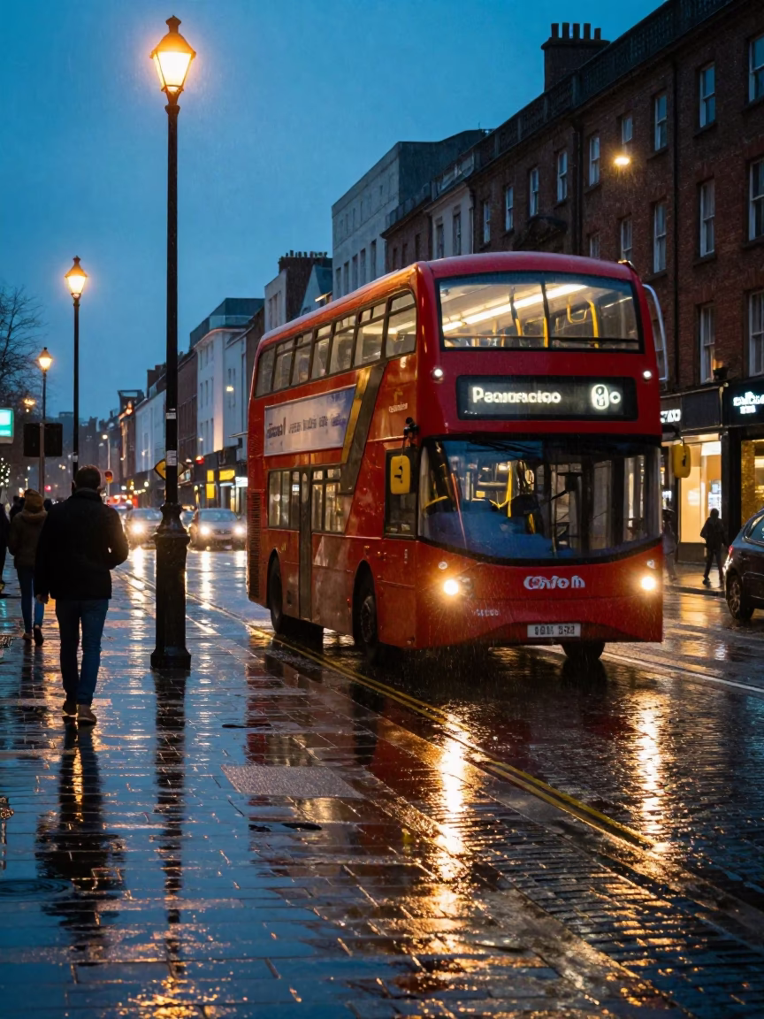 Dublin Blue Hour Street Scene with Double Decker Bus and Rainy Cobblestones in in Dublin, Ireland