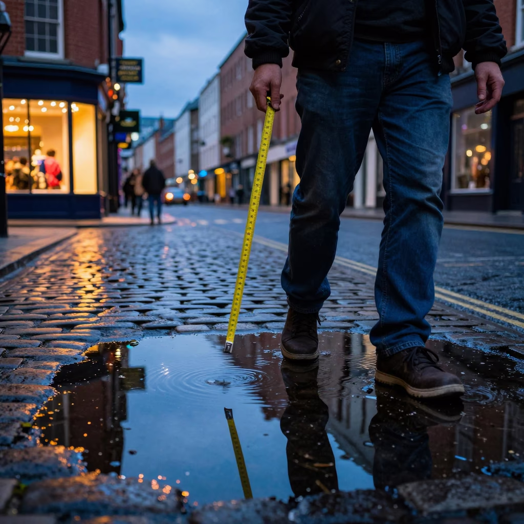 Dublin Blue Hour Street Scene with Measuring Tape and Urban Reflections in in Dublin, Ireland