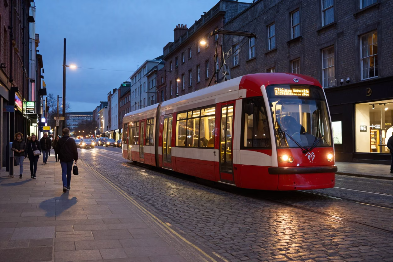 Dublin Blue Hour Street Scene with Red Tram and City Lights in in Dublin, Ireland