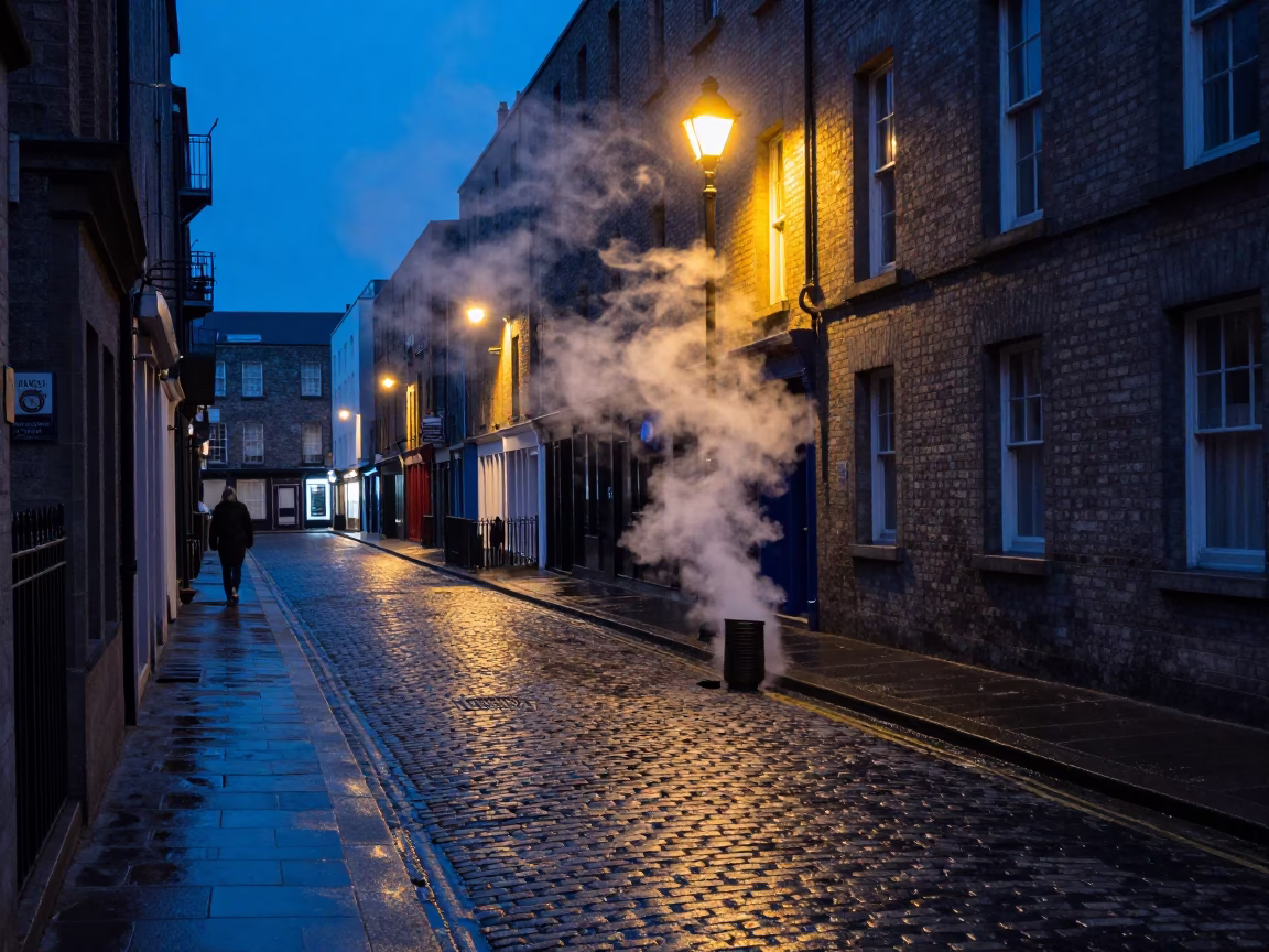 Dublin Blue Hour Street Scene with Steam Rising from Cobblestones and Wool Scarves in in Dublin, Ireland