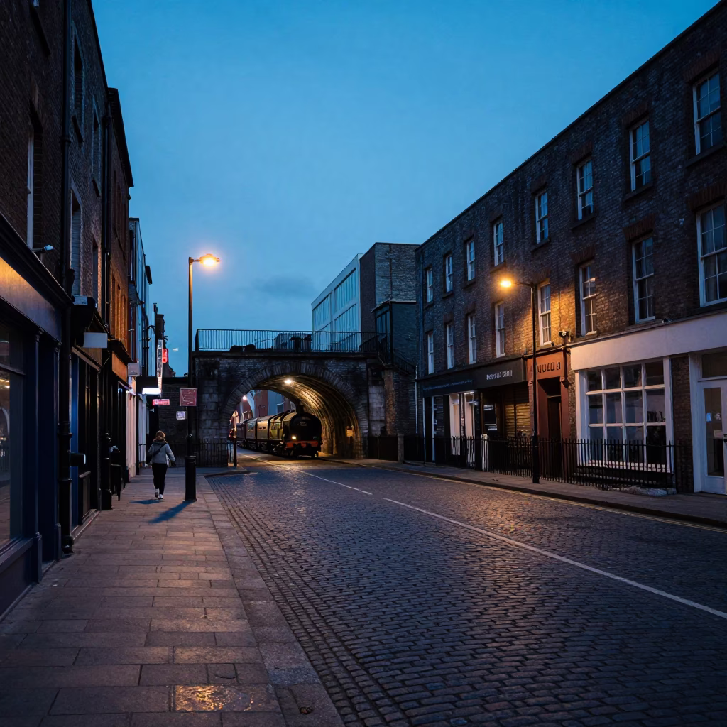 Dublin Blue Hour Street Scene with Steam Train Tunnel and Decanter in in Dublin, Ireland