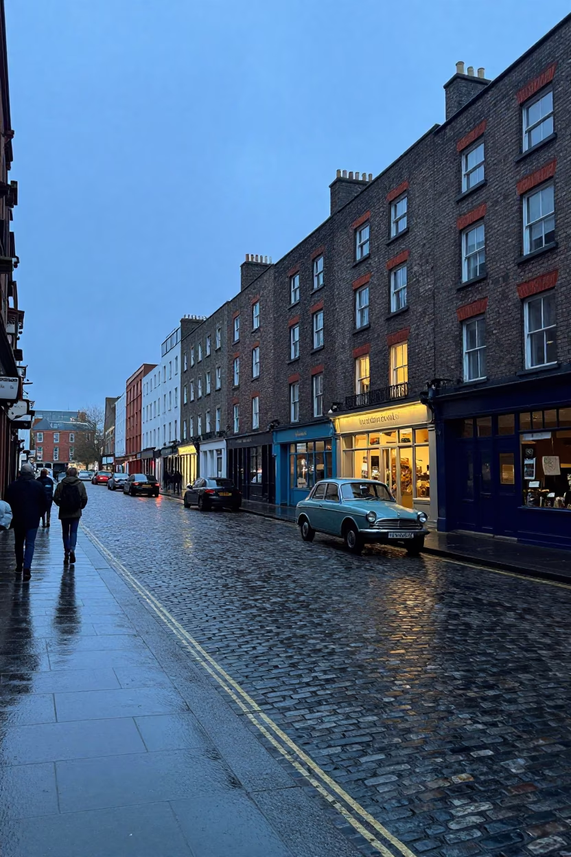 Dublin Blue Hour Street Scene with Vintage Car and Wet Cobblestones in in Dublin, Ireland