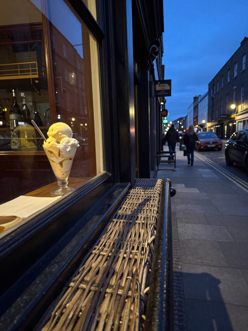 Dublin Blue Hour Street Scene with Wicker Shadow on Rail and Affogato Cup in in Dublin, Ireland