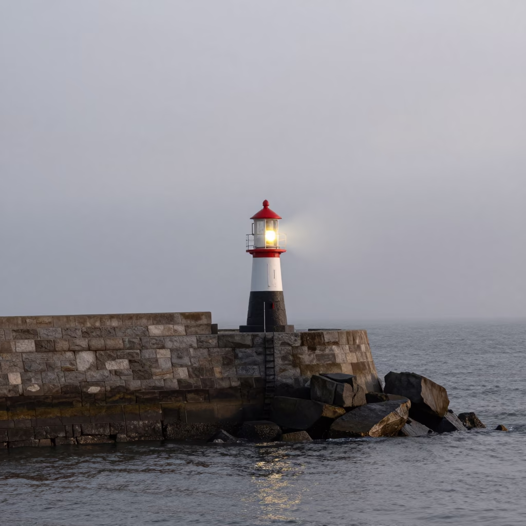 Dublin Breakwater Beacon Blinking Through Sea Mist at Nautical Dawn in in Dublin, Ireland