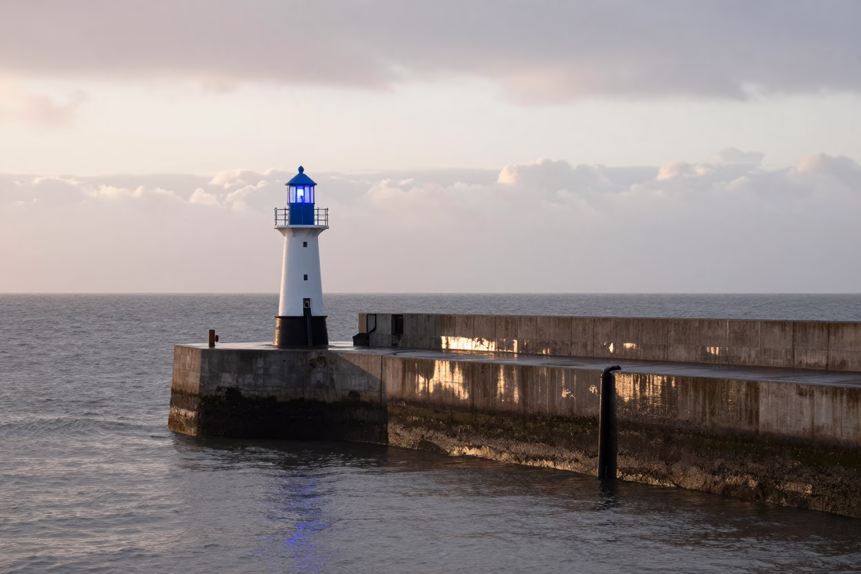 Dublin Breakwater Dawn Light Over Irish Harbor Beacon and Rain in in Dublin, Ireland
