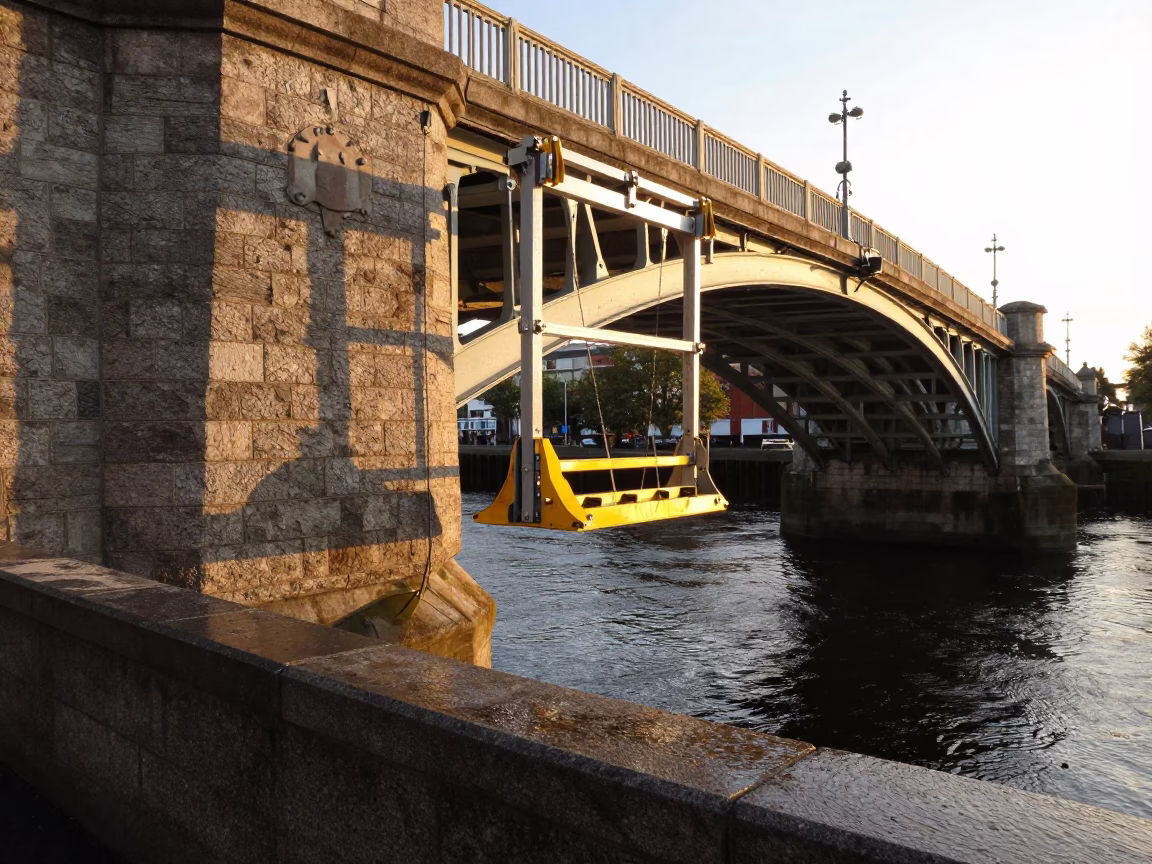 Dublin Bridge Maintenance Cradle Hanging Above Green River Water at Golden Hour in in Dublin, Ireland