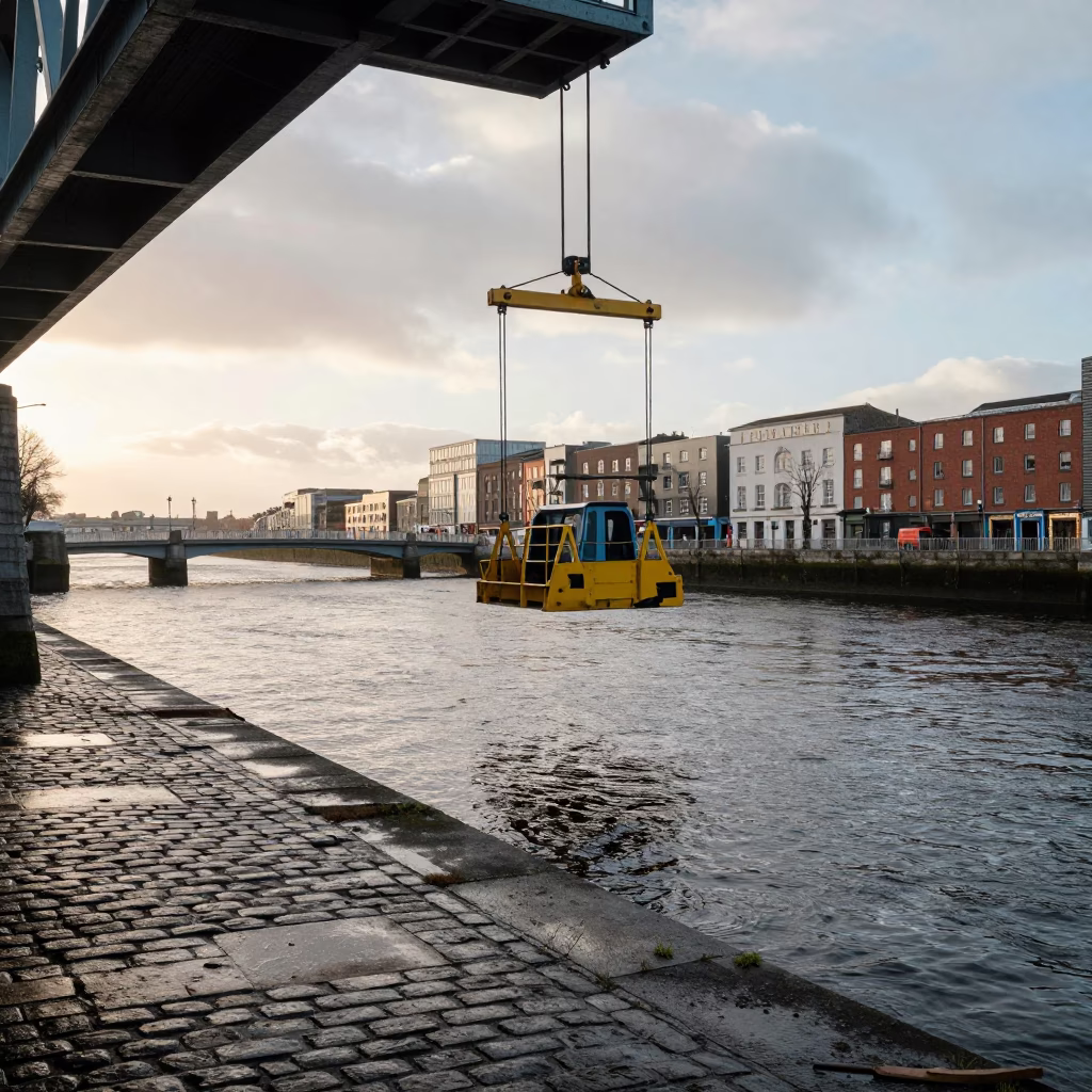 Dublin Bridge Maintenance Cradle Over River Liffey Early Afternoon Street Scene in in Dublin, Ireland