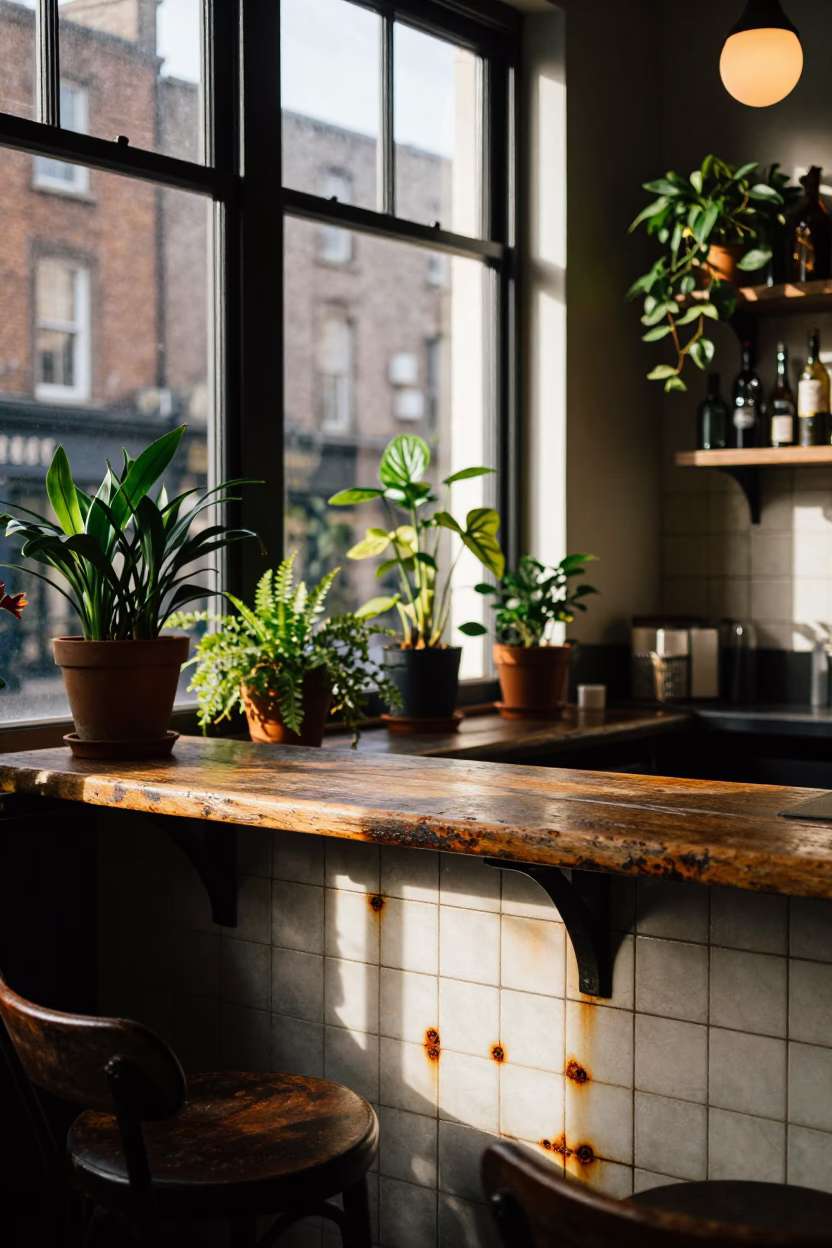 Dublin Cafe Interior Late Afternoon with Houseplants and Rusty Grout in in Dublin, Ireland