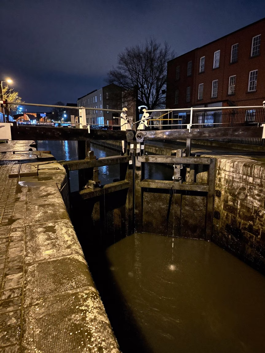 Dublin Canal Lock at Midnight with Damp Stone Walls and Dripping Water in in Dublin, Ireland