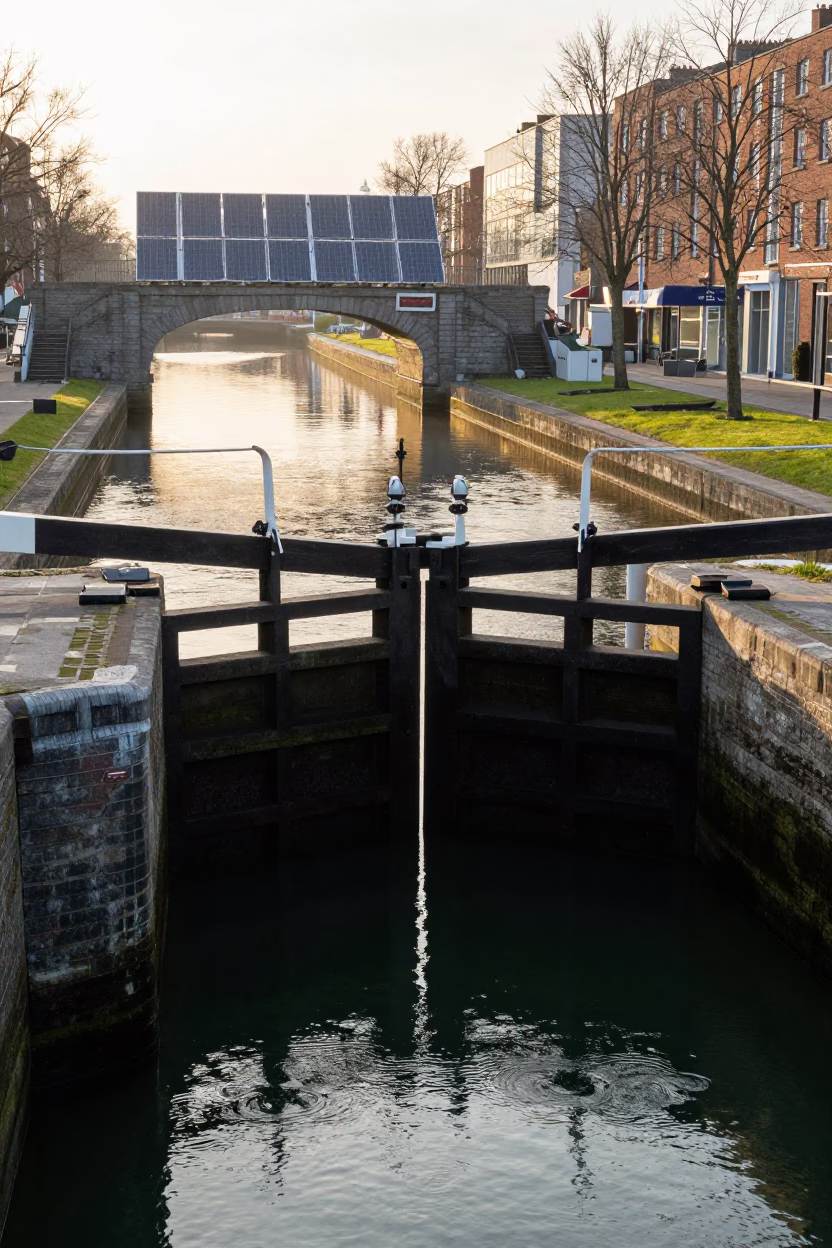 Dublin Canal Lock Gate Closing at Sunrise with Water Taxi and Local Activity in in Dublin, Ireland