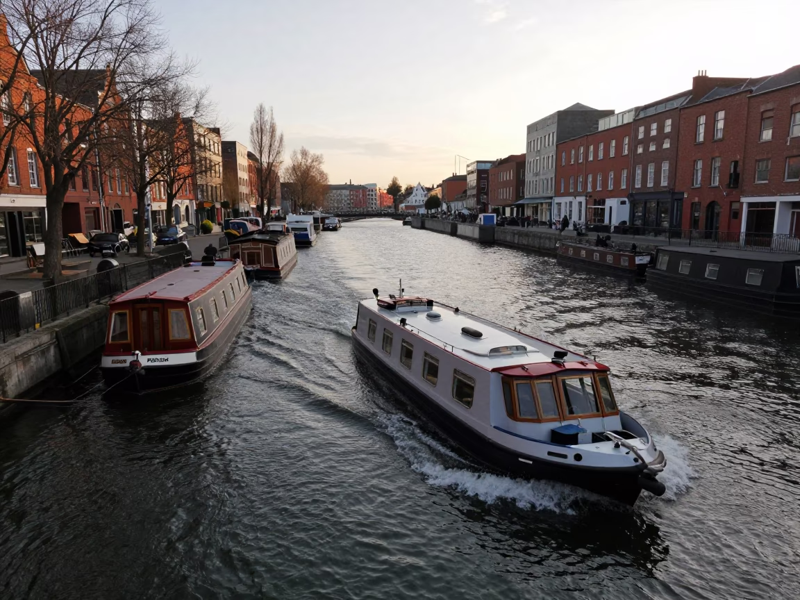 Dublin Canal Water Taxi Zigzagging Past Houseboats in Early Evening Light in in Dublin, Ireland