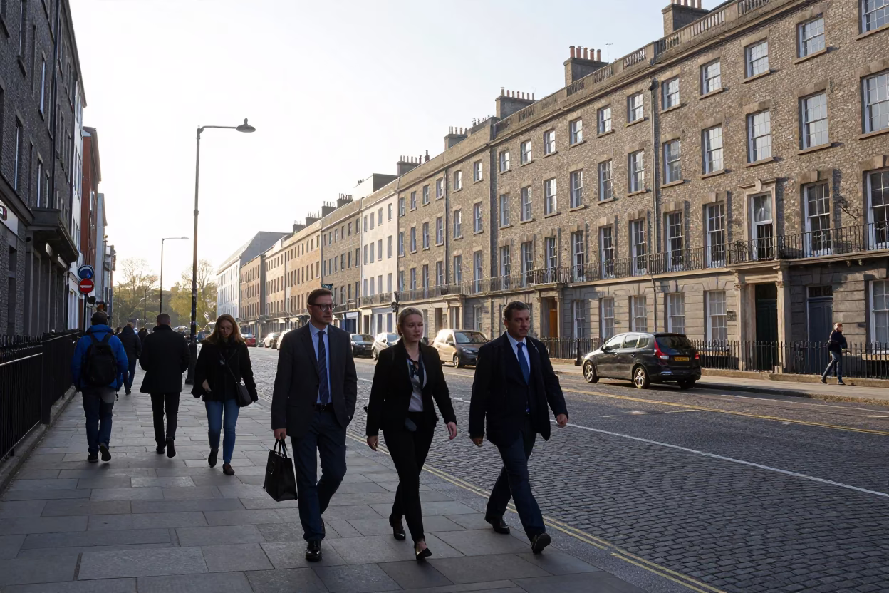 Dublin City Centre Morning Street Scene with Commuters and Architecture in in Dublin, Ireland