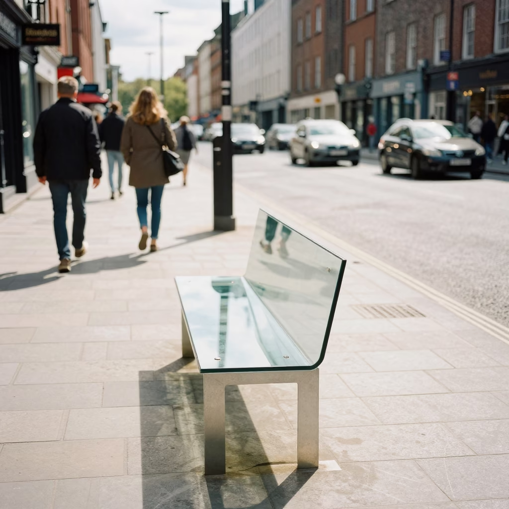 Dublin City Centre Noon Street Scene with Glass Bench and Tea Stained Doorframe in in Dublin, Ireland
