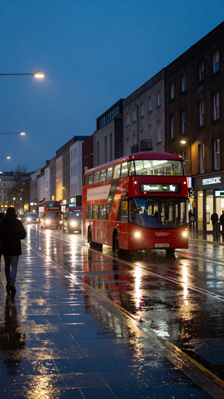 Dublin City Night Scene with Rainy Streets and Double-Decker Bus in in Dublin, Ireland