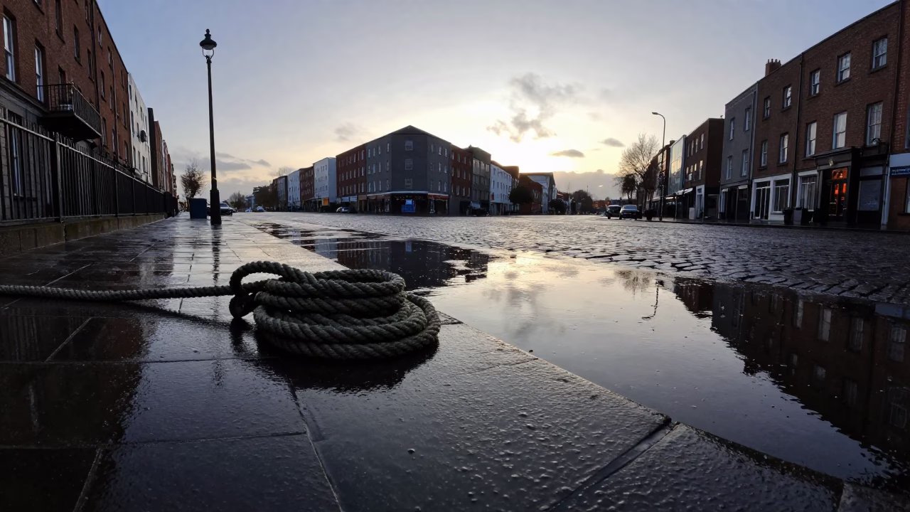 Dublin City Quay Rain Puddles Reflecting Dawn Light and Coiled Rope on Wet Cobblestones in in Dublin, Ireland