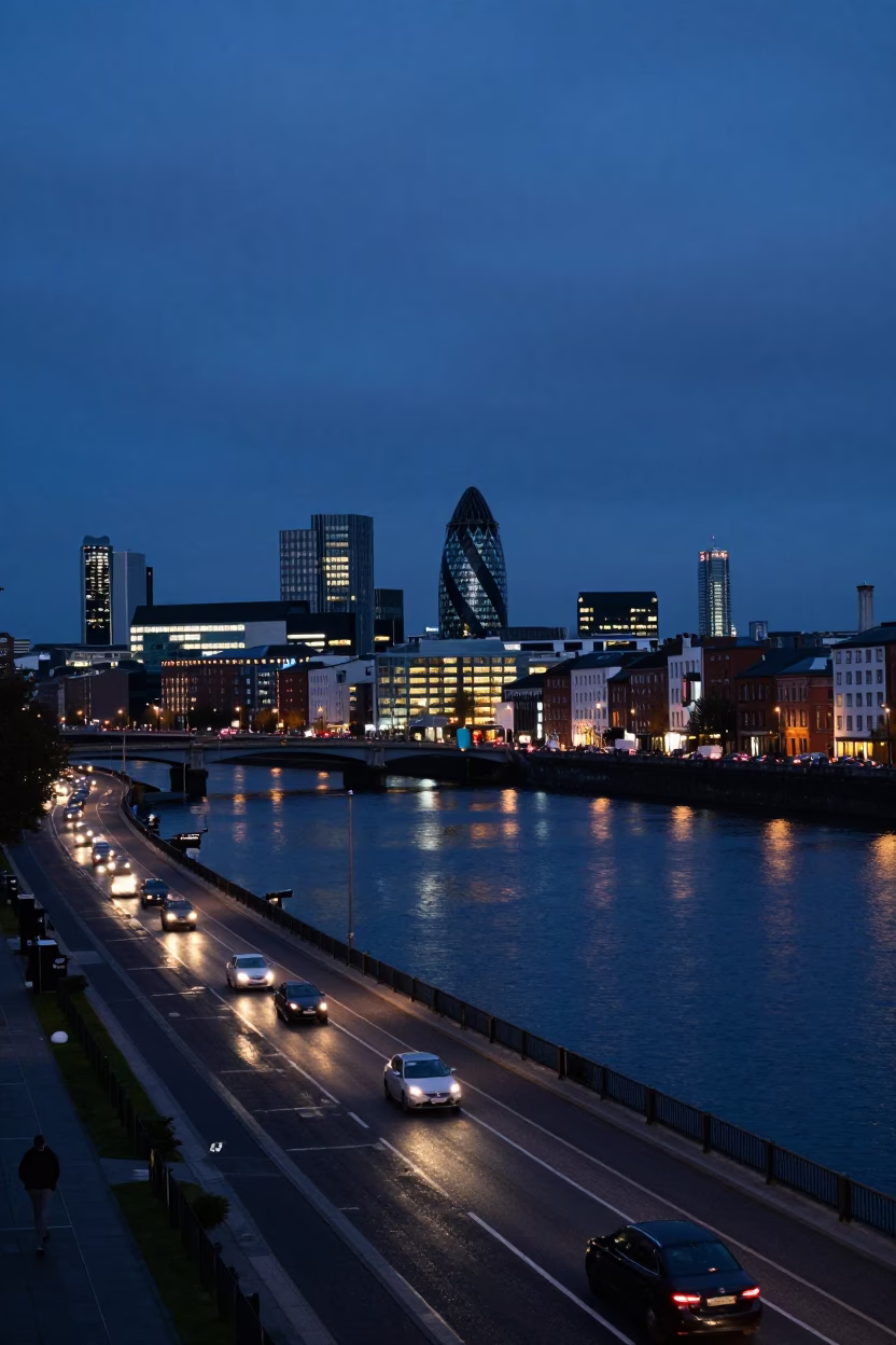 Dublin City Skyline at Blue Hour with River Liffey and Traffic Streaks in in Dublin, Ireland