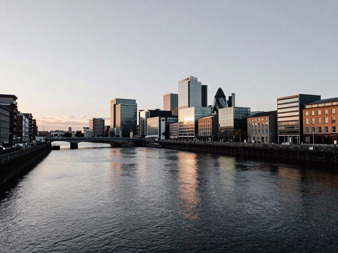 Dublin City Skyline at Dusk with Liffey River and Modern Architecture in in Dublin, Ireland
