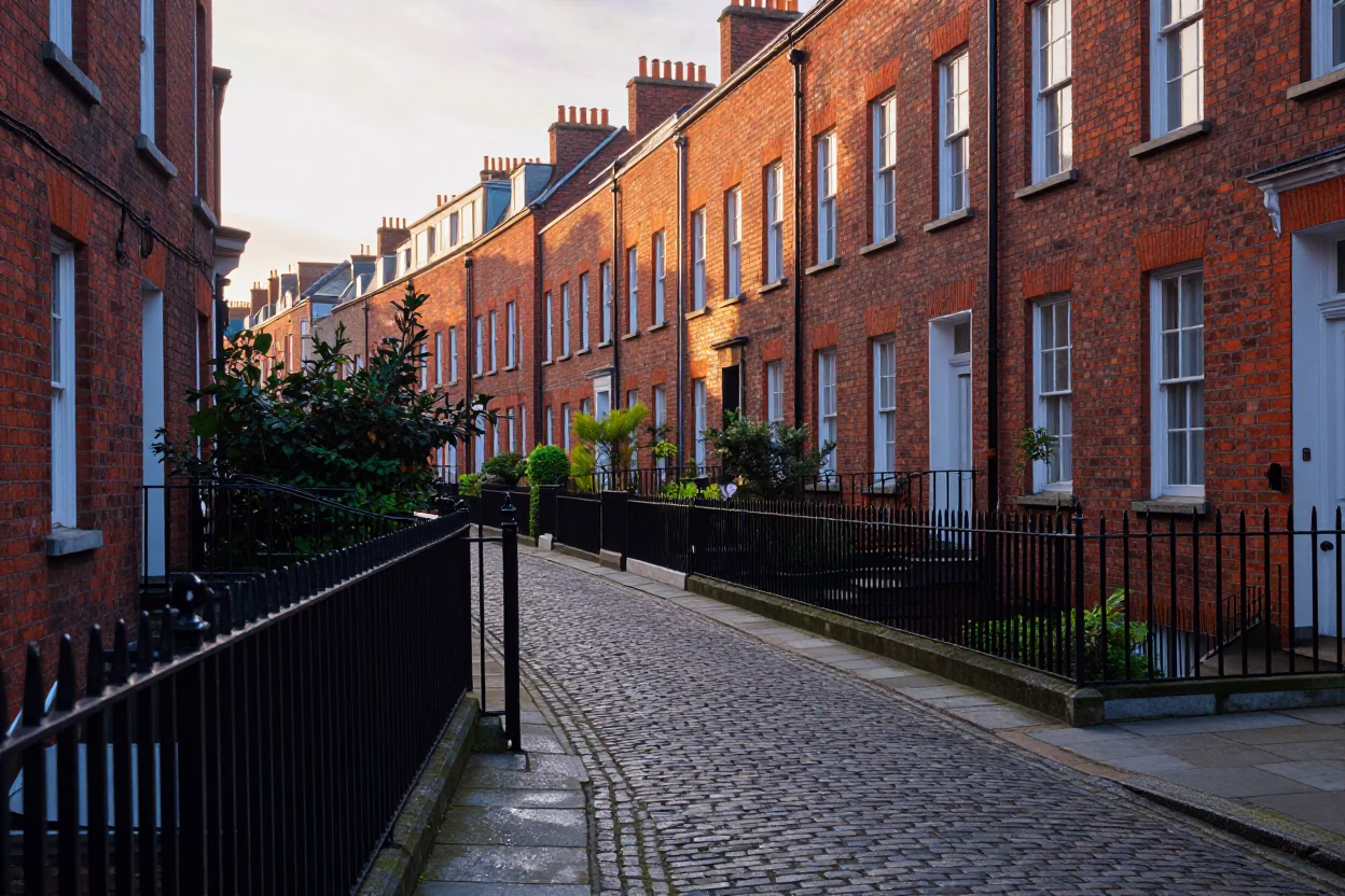 Dublin Cityscape Morning Light on Georgian Facades and Garden Gate in in Dublin, Ireland